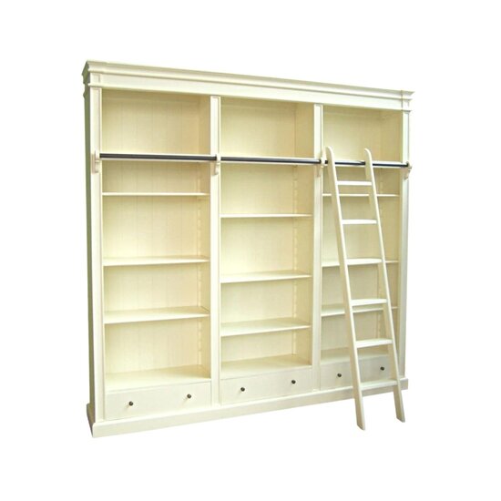 123kast  Boekenkast Brighton Library - 250x40x240H cm - demontabel - met stang en ladder - 12 verstelbare planken - 3 soft close lades