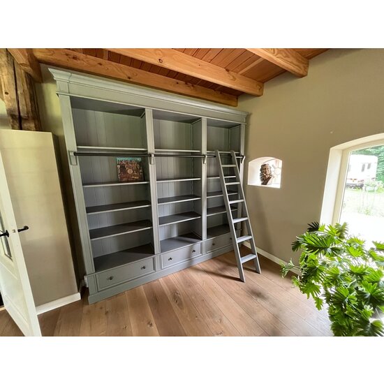 123kast  Boekenkast Brighton Library - 250x40x240H cm - demontabel - met stang en ladder - 12 verstelbare planken - 3 soft close lades