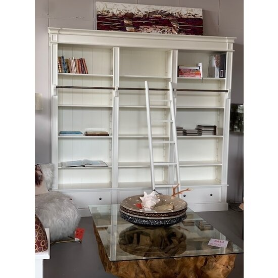 123kast  Boekenkast Brighton Library - 250x40x240H cm - demontabel - met stang en ladder - 12 verstelbare planken - 3 soft close lades