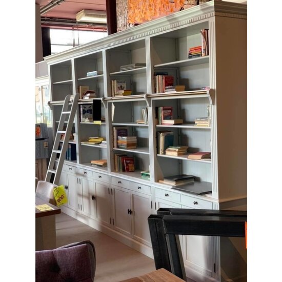 123kast  Boekenkast Private Library - 400x43x240H cm - demontabel - met stang en ladder - verstelbare planken - 20 planken - 8 lades - 8 dichte scharnierdeuren