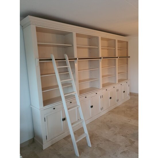 123kast  Boekenkast Private Library - 400x43x240H cm - demontabel - met stang en ladder - verstelbare planken - 20 planken - 8 lades - 8 dichte scharnierdeuren
