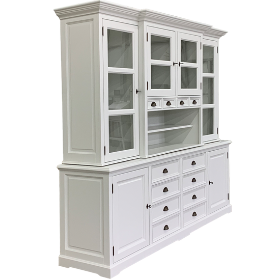 123kast  Buffetkast San Pietro - 235x55x225H cm - 4 vitrine scharnierdeuren - 4 kleine lades - open vak gedeelte - 8 grote soft close lades - 2 dichte scharnierdeuren