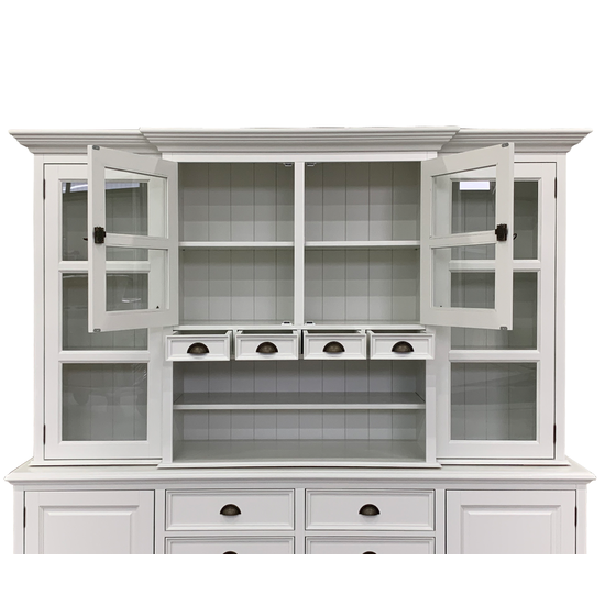 123kast  Buffetkast San Pietro - 235x55x225H cm - 4 vitrine scharnierdeuren - 4 kleine lades - open vak gedeelte - 8 grote soft close lades - 2 dichte scharnierdeuren