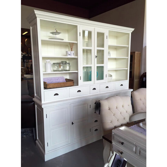 123kast  Buffetkast Chaumont - 210x50x220H cm - open vakken - 2 vitrine scharnierdeuren - 9 lades - 4 dichte scharnierdeuren