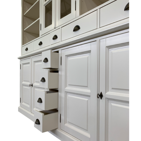 123kast  Buffetkast Chaumont - 210x50x220H cm - open vakken - 2 vitrine scharnierdeuren - 9 lades - 4 dichte scharnierdeuren