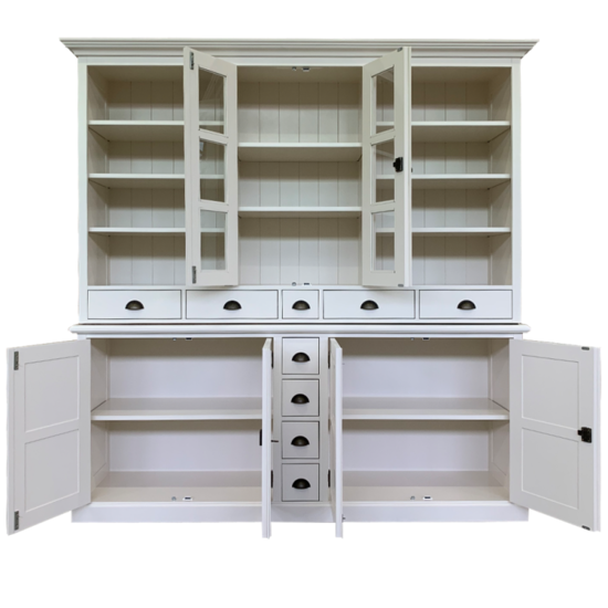 123kast  Buffetkast Chaumont - 210x50x220H cm - open vakken - 2 vitrine scharnierdeuren - 9 lades - 4 dichte scharnierdeuren