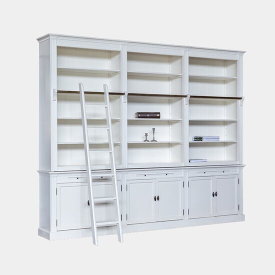123kast  Boekenkast Melena del Sur - 300x40x240H cm - met stang en ladder - 15 planken - 3 uitschuif planken - 6 dichte scharnierdeuren - verstelbare planken