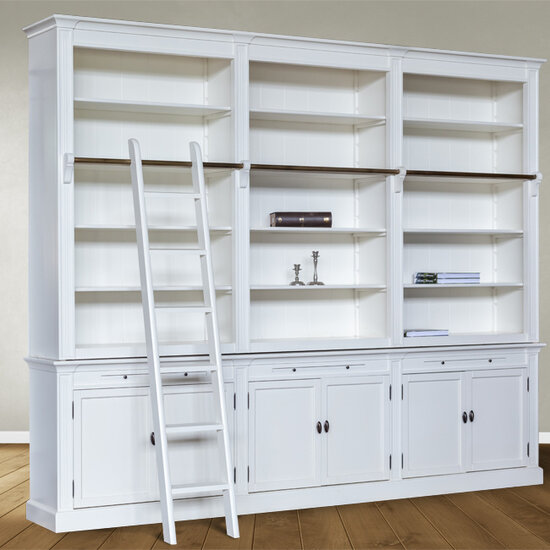 123kast  Boekenkast Melena del Sur - 300x40x240H cm - met stang en ladder - 15 planken - 3 uitschuif planken - 6 dichte scharnierdeuren - verstelbare planken