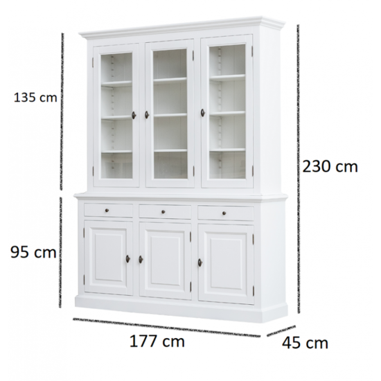 123kast  Buffetkast Santa Fe - 177x45x230H cm - 3 vitrine scharnierdeuren - 3 soft close lades - 3 dichte scharnierdeuren - 8 planken - verstelbare planken