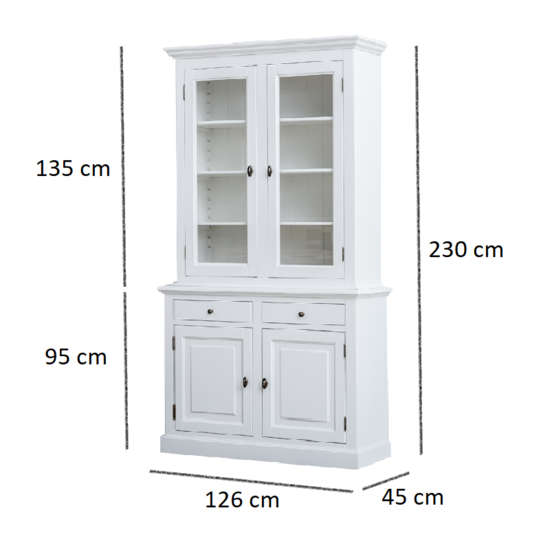 123kast  Buffetkast Santa Lucia - 126x45x230H cm - 2 vitrine scharnierdeuren - 2 soft close lades - 2 dicht scharnierdeuren - 4 planken - verstelbare planken