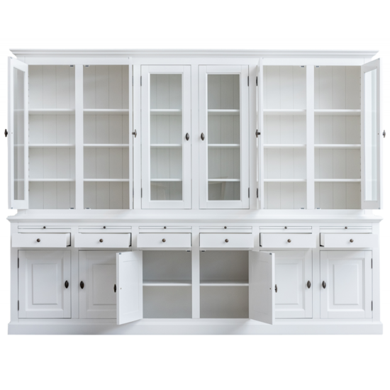123kast  Buffetkast Santiago - 300x45x230H cm - 6 vitrine scharnierdeuren - 6 uitschuifbare planken - 6 soft close lades - 6 dichte scharnierdeuren - verstelbare planken