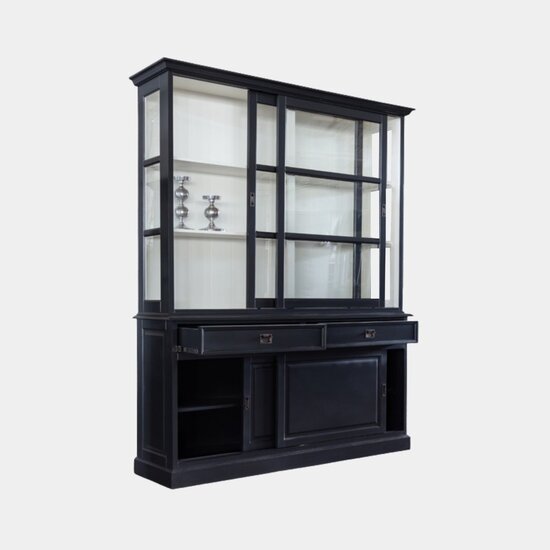 123kast  Buffetkast Miami Beach - 188x53x218H cm - 2 vitrine schuifdeuren - 2 soft close lades - 2 dichte schuifdeuren - glazen zijkanten