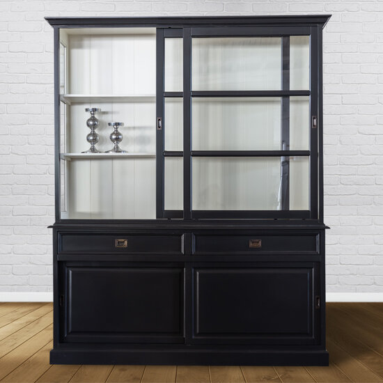123kast  Buffetkast Miami Beach - 188x53x218H cm - 2 vitrine schuifdeuren - 2 soft close lades - 2 dichte schuifdeuren - glazen zijkanten