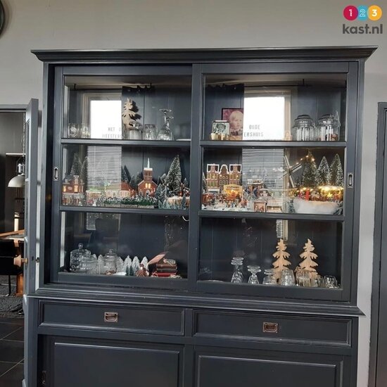 123kast  Buffetkast Miami Beach - 188x53x218H cm - 2 vitrine schuifdeuren - 2 soft close lades - 2 dichte schuifdeuren - glazen zijkanten
