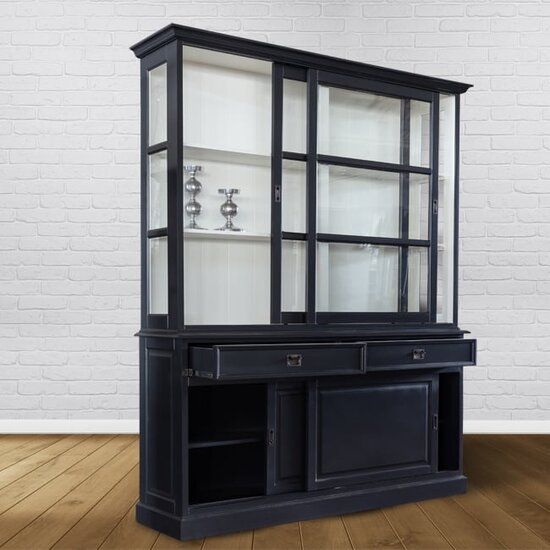 123kast  Buffetkast Miami Beach - 188x53x218H cm - 2 vitrine schuifdeuren - 2 soft close lades - 2 dichte schuifdeuren - glazen zijkanten