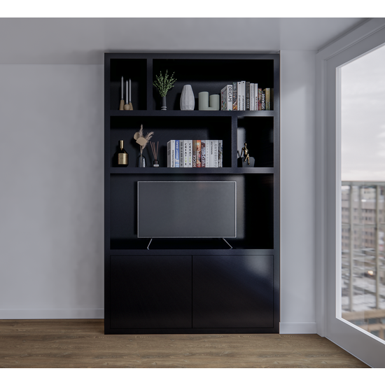 123kast  TV Vakkenkast Isla Bonita - 150x30x240H cm - strak design - 2 greeploze deuren - tv vak - cinewall - open vakken - houtlook