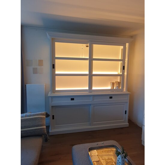 123kast  Buffetkast Miami Beach - 188x53x218H cm - 2 vitrine schuifdeuren - 2 soft close lades - 2 dichte schuifdeuren - glazen zijkanten