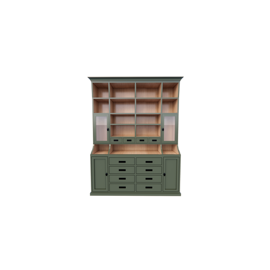 123kast  Buffetkast Corfu - 200x40x240H cm - houten grenen binnenkant - 12 soft close lades - 2 vitrine deuren - 2 dichte deuren - open vakken