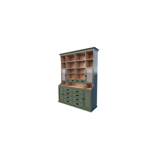 123kast  Buffetkast Corfu - 200x40x240H cm - houten grenen binnenkant - 12 soft close lades - 2 vitrine deuren - 2 dichte deuren - open vakken