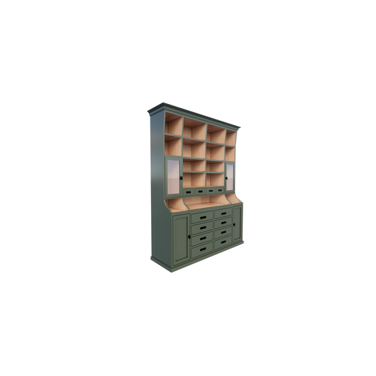 123kast  Buffetkast Corfu - 200x40x240H cm - houten grenen binnenkant - 12 soft close lades - 2 vitrine deuren - 2 dichte deuren - open vakken