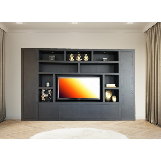 123kast  Tv vakkenkast Austin - 350x40x240H cm - open vakken - 6 greeploze dichte deuren - tv vak - cinewall - strak design