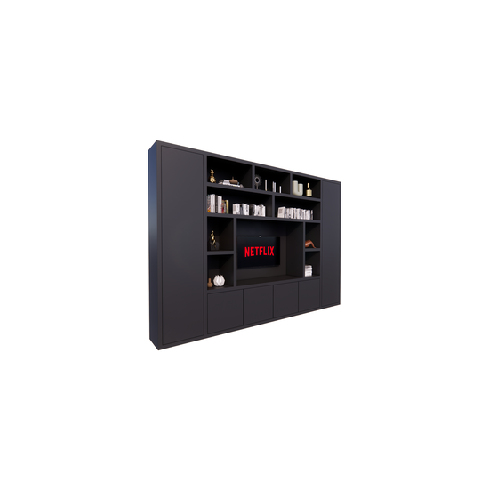 123kast  Tv vakkenkast Austin - 350x40x240H cm - open vakken - 6 greeploze dichte deuren - tv vak - cinewall - strak design