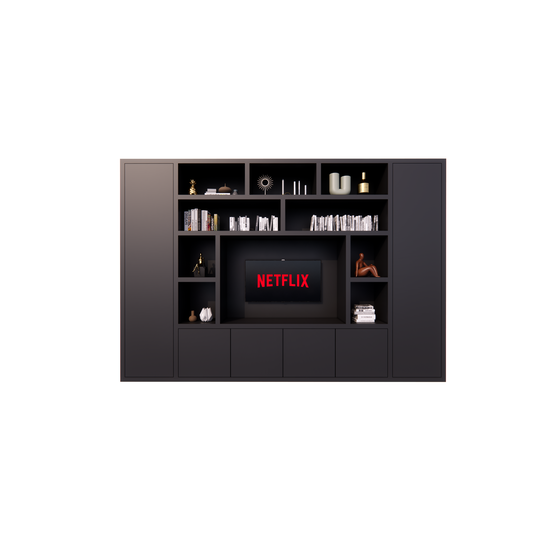 123kast  Tv vakkenkast Austin - 350x40x240H cm - open vakken - 6 greeploze dichte deuren - tv vak - cinewall - strak design