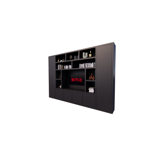 123kast  Tv vakkenkast Austin - 350x40x240H cm - open vakken - 6 greeploze dichte deuren - tv vak - cinewall - strak design