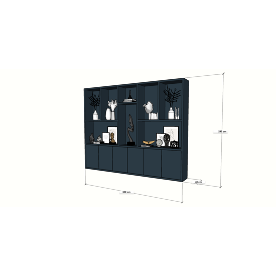 123kast  Vakkenkast Baltimore - 330x40x240H cm - strak design - 6 greeploze push to open deuren - open vakken - 5cm plank dikte