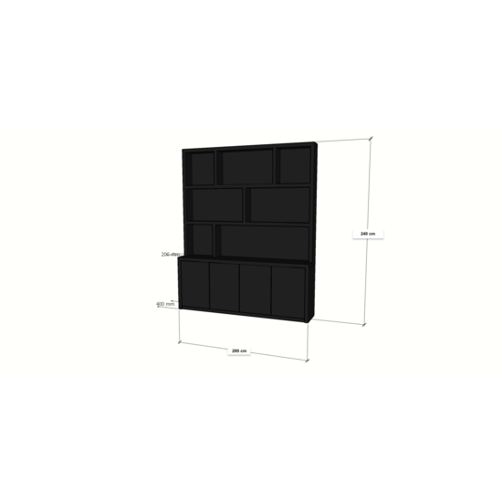 123kast  Vakkenkast Corsica - 200x20/40x240H cm - 5cm plank dikte - strak design - bovenkast minder diep dan onderkast - open vakken - 4 greeploze push to open deuren