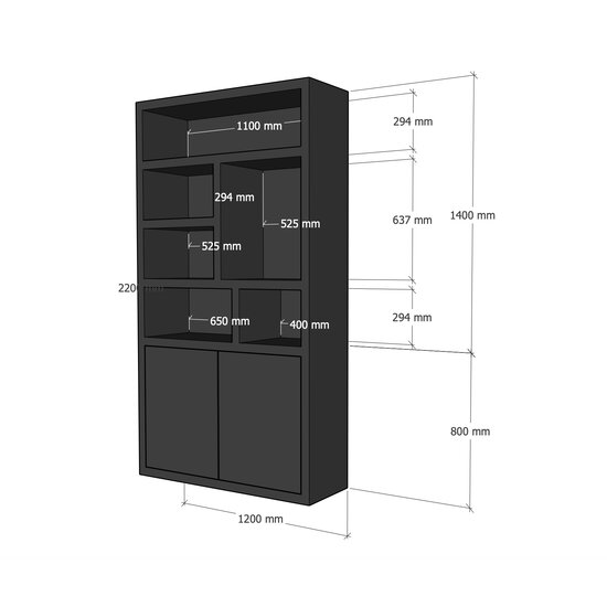 123kast  Vakkenkast Ronda - 120x40x220H cm - 5cm plank dikte - open vakken - 2 greeploze push to open deuren - strak design