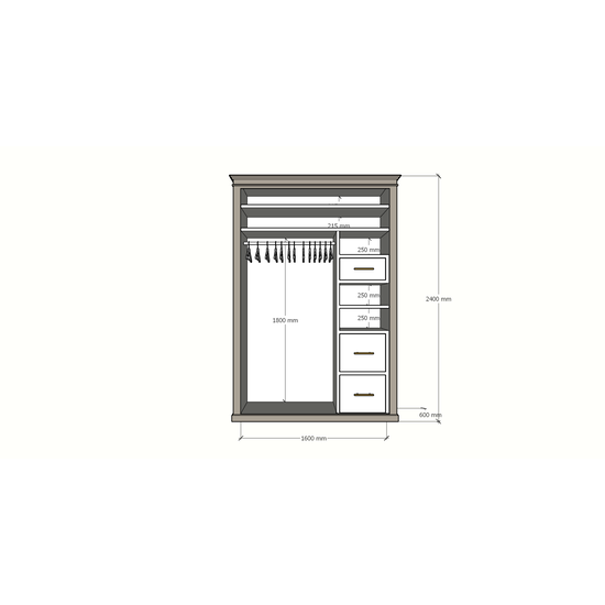 123kast  Kledingkast Teramo - 160x60x240H cm - 3 deuren - ophang roede - 3 lades - leg planken