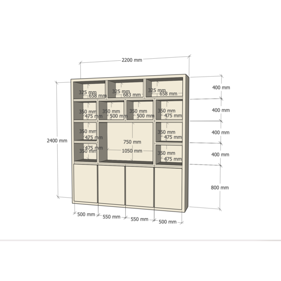 123kast  Tv vakkenkast Manhattan 05 - 220x40x240H cm - strak design - 4 push to open deuren - open vakken - cinewall - met tv kabel gat - greeploze deuren - 5cm plank dikte