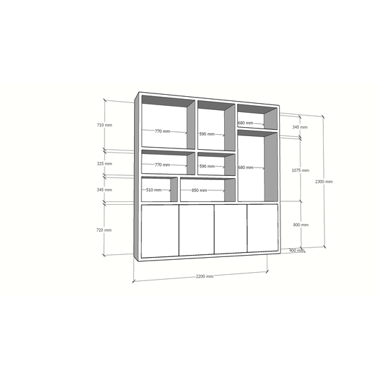 123kast  Vakkenkast Terni -  220x40x230H cm - 4 cm plank dikte - 4 push to open deuren - strak design