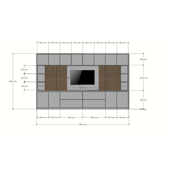 123kast  TV Vakkenkast/tv-kast Winterberg - 400x40x240H cm - cinewall - tv vak - met schuifdeuren - 12 push to open deuren - 4 greeploze soft close lades - strak design - demontabel - 3cm plankdikte