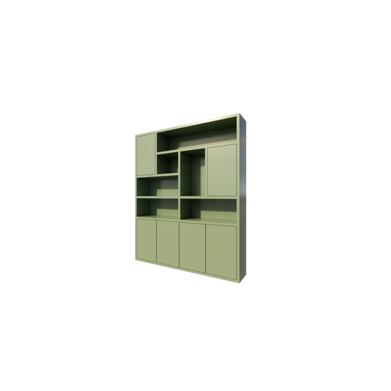 123kast  Vakkenkast Pamploma - 200x35x235H cm - 4cm plank dikte - strak design - greeploze deuren in bovenkast - open vakken - push to open deuren