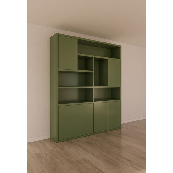 123kast  Vakkenkast Pamploma - 200x35x235H cm - 4cm plank dikte - strak design - greeploze deuren in bovenkast - open vakken - push to open deuren