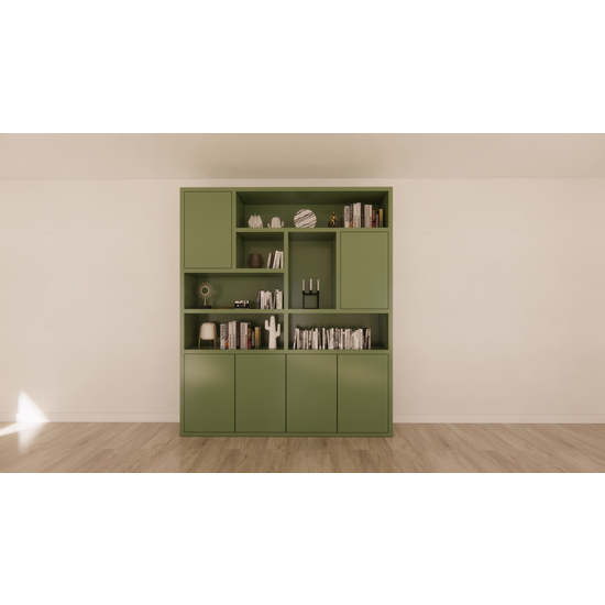 123kast  Vakkenkast Pamploma - 200x35x235H cm - 4cm plank dikte - strak design - greeploze deuren in bovenkast - open vakken - push to open deuren