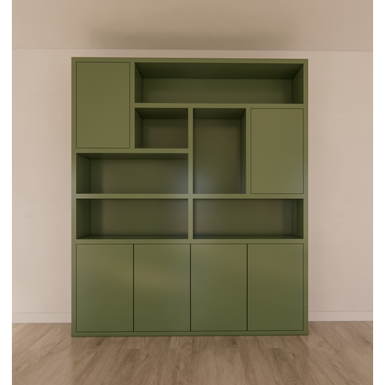 123kast  Vakkenkast Pamploma - 200x35x235H cm - 4cm plank dikte - strak design - greeploze deuren in bovenkast - open vakken - push to open deuren