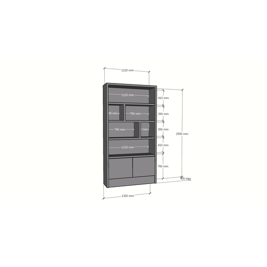 123kast  Vakkenkast Granville - 130 x 40 x 250 cm -  5 cm plank dikte - open vakken - strak design - 2 greeploze push to open deuren