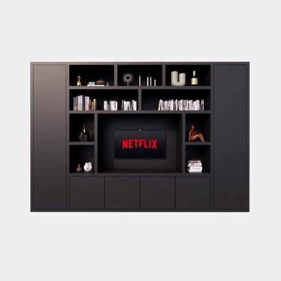 123kast  Tv vakkenkast Austin - 350x40x240H cm - open vakken - 6 greeploze dichte deuren - tv vak - cinewall - strak design