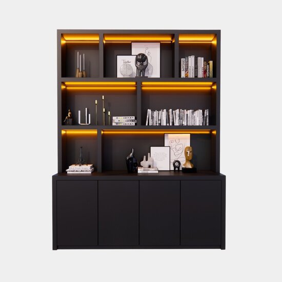 123kast  Vakkenkast Corsica - 200x20/40x240H cm - 5cm plank dikte - strak design - bovenkast minder diep dan onderkast - open vakken - 4 greeploze push to open deuren