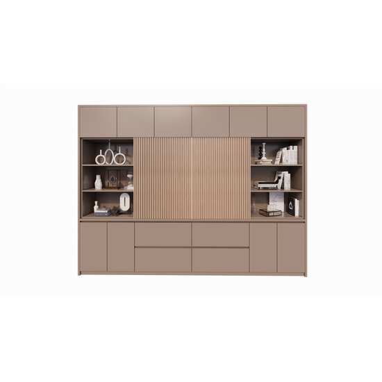 123kast  Vakkenkast/tv-kast Winterberg 2 - 320x40x240H cm - Tv vak - cinewall - eiken schuifpanelen - open vakken - 4 greeploze lades - 6 push to open deuren - 4 greeploze deuren - strak design