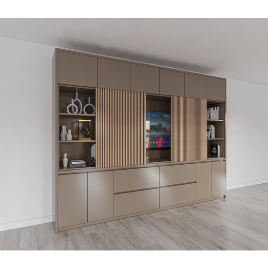 123kast  Vakkenkast/tv-kast Winterberg 2 - 320x40x240H cm - Tv vak - cinewall - eiken schuifpanelen - open vakken - 4 greeploze lades - 6 push to open deuren - 4 greeploze deuren - strak design