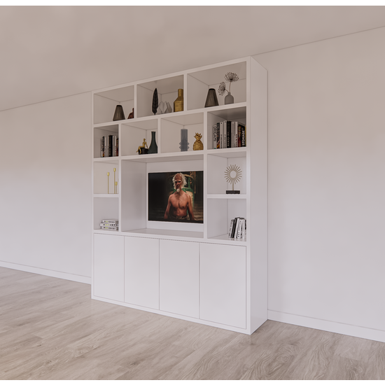 123kast  Tv/Vakkenkast Manhattan 12 - 200x40x240H cm - cinewall - tv vak - open vakken - strak design - 5cm plank dikte - 4 greeploze push to open deuren