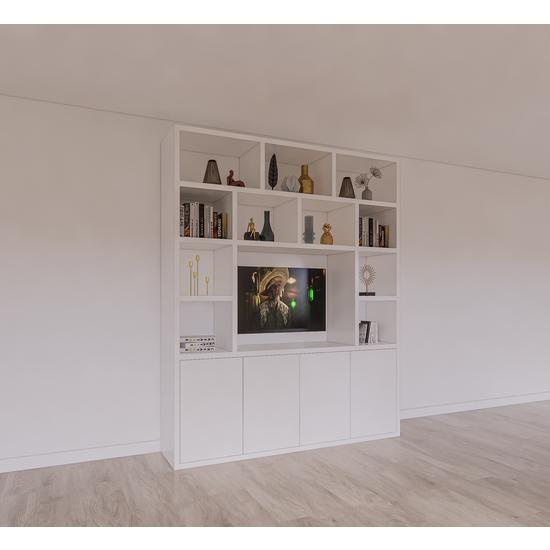 123kast  Tv/Vakkenkast Manhattan 12 - 200x40x240H cm - cinewall - tv vak - open vakken - strak design - 5cm plank dikte - 4 greeploze push to open deuren