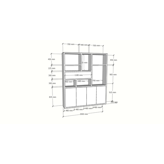 123kast  Vakkenkast Mastella - 2M - 200x35x235H cm - klepdeur in bovenkast - open vakken - strak design - 4 push to open deuren - 4cm plank dikte