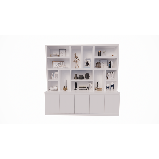 123kast  Vakkenkast Sineu - 250x30/50x240H cm - ondiepere bovenkast - strak design - 5 greeploze deuren - open vakken - 5cm plank dikte