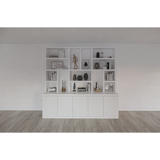 123kast  Vakkenkast Sineu - 250x30/50x240H cm - ondiepere bovenkast - strak design - 5 greeploze deuren - open vakken - 5cm plank dikte