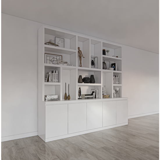 123kast  Vakkenkast Sineu - 250x30/50x240H cm - ondiepere bovenkast - strak design - 5 greeploze deuren - open vakken - 5cm plank dikte